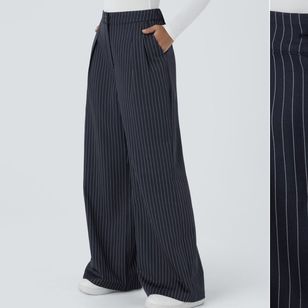 Navy Pinstripe Wide-Leg Pants